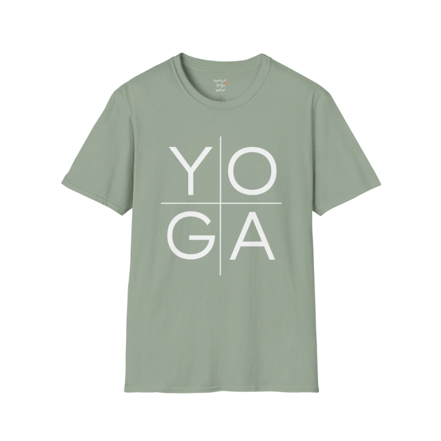Yoga T-Shirt Sage with minimalist YOGA text design. Soft cotton yoga tee with grounded tone and calm, wearable style.
