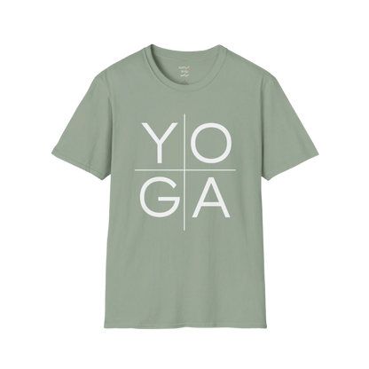 Yoga T-Shirt Sage with minimalist YOGA text design. Soft cotton yoga tee with grounded tone and calm, wearable style.
