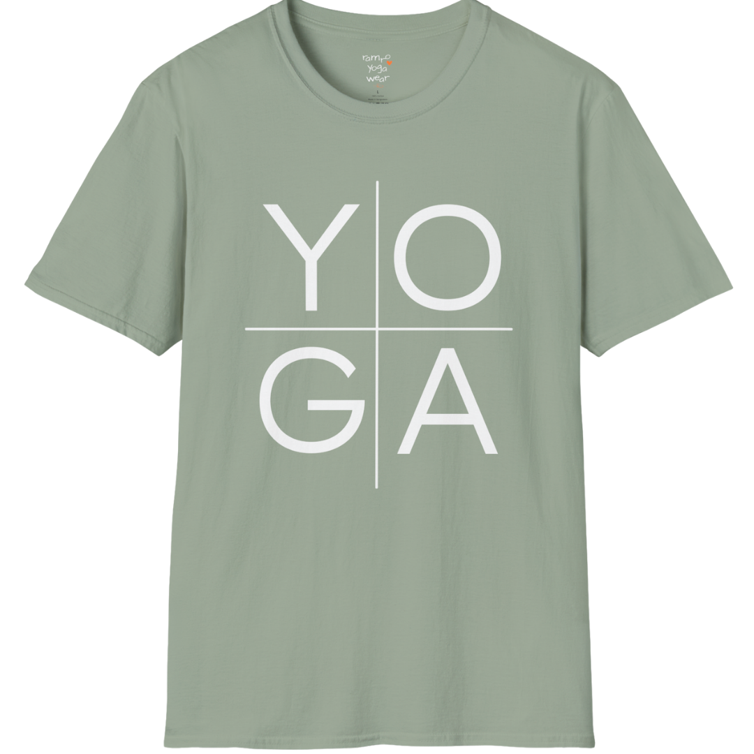 Stacked "YOGA" typography design on Sage tee — The Vault collection by Ramro Yoga Wear