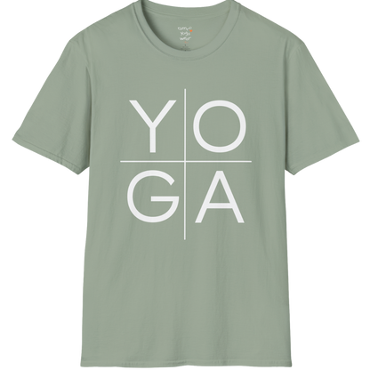 Stacked "YOGA" typography design on Sage tee — The Vault collection by Ramro Yoga Wear