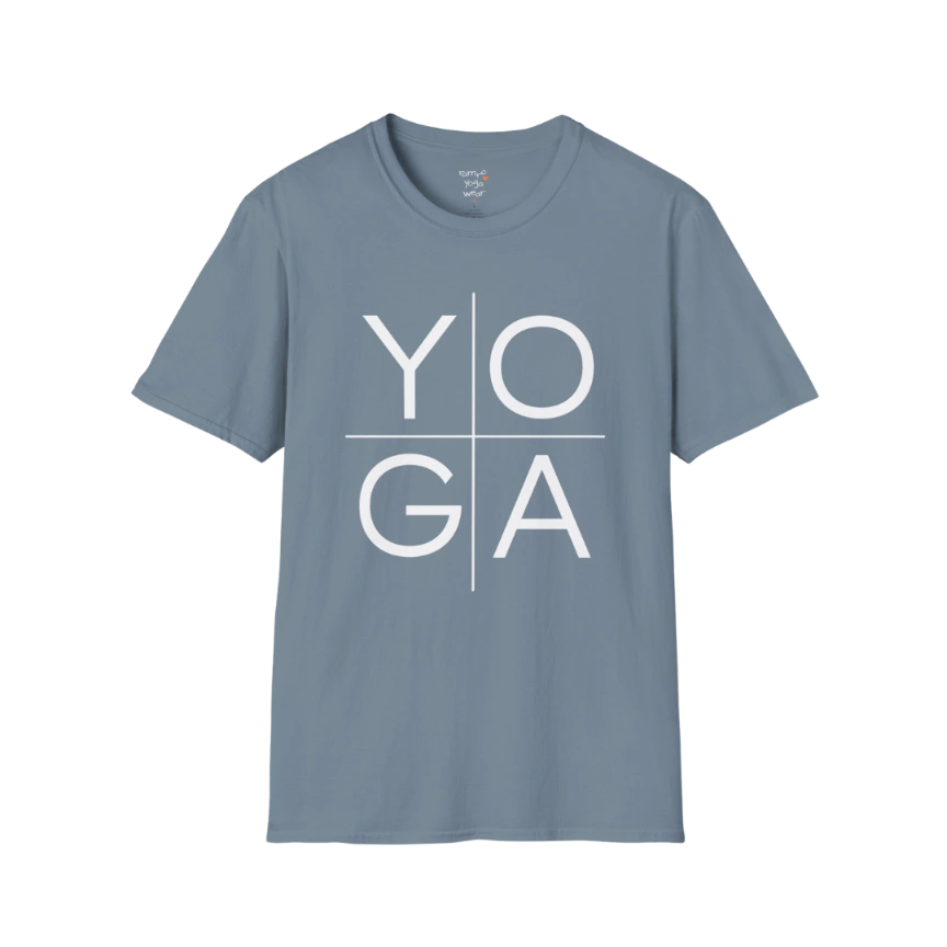 Yoga T-Shirt Stone Blue with clean YOGA text graphic. Relaxed yoga tee with muted tone and modern, effortless feel.