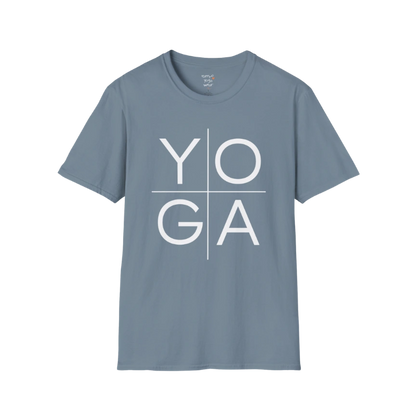 Yoga T-Shirt Stone Blue with clean YOGA text graphic. Relaxed yoga tee with muted tone and modern, effortless feel.
