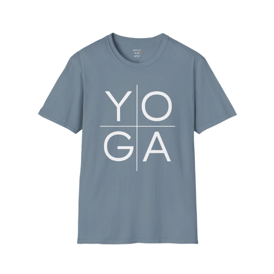 Yoga T-Shirt Stone Blue with clean YOGA text graphic. Relaxed yoga tee with muted tone and modern, effortless feel.