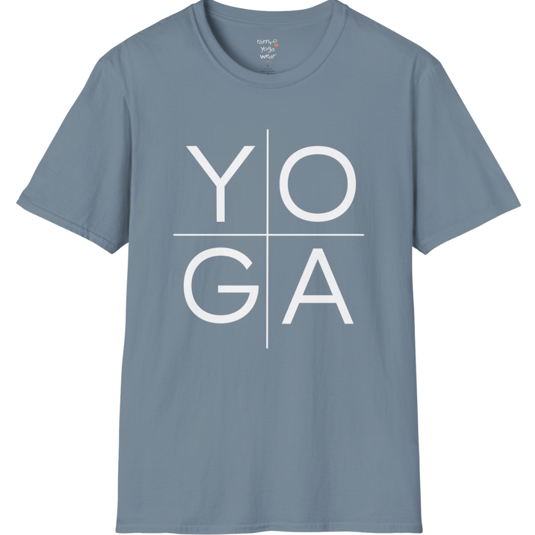 Stacked "YOGA" typography design on Stone Blue tee — The Vault collection by Ramro Yoga Wear
