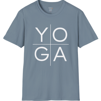 Stacked "YOGA" typography design on Stone Blue tee — The Vault collection by Ramro Yoga Wear