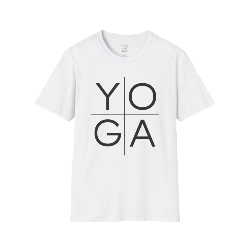 Yoga T-Shirt White with bold minimalist YOGA text design. Fresh, clean yoga tee with lightweight feel and everyday comfort.