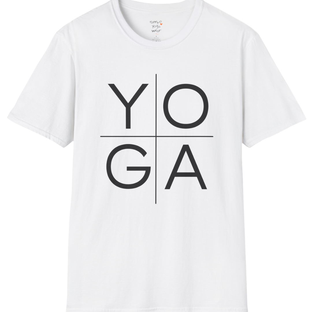 Stacked "YOGA" typography design on White tee — The Vault collection by Ramro Yoga Wear