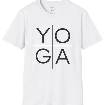 Stacked "YOGA" typography design on White tee — The Vault collection by Ramro Yoga Wear