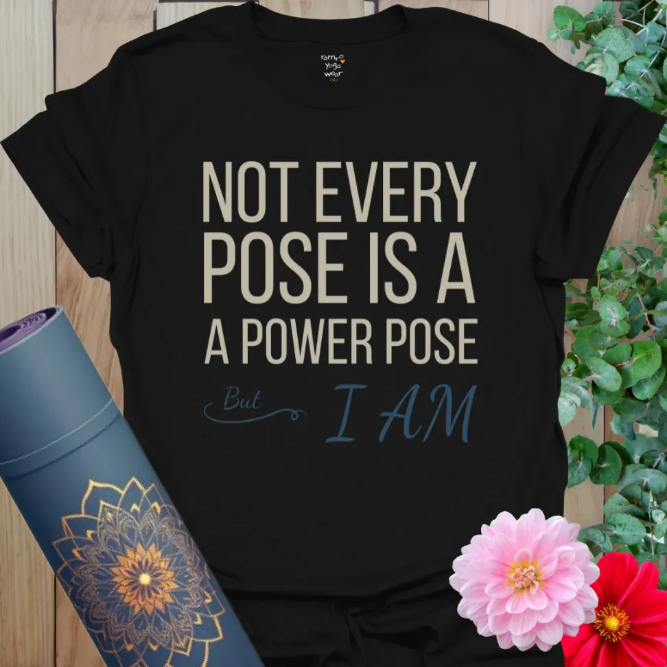 Black Yogi Energy T-Shirt with bold stacked mantra and elegant I AM statement. Confident yoga lifestyle shirt for everyday wear.