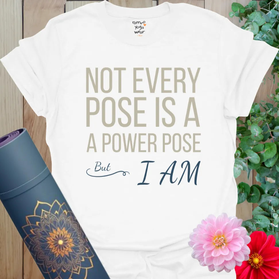 White Yogi Energy T-Shirt with contrast text and confident phrase. Ideal tee for grounded, empowered living.