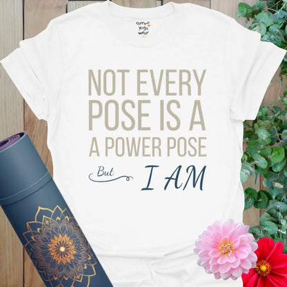 White Yogi Energy T-Shirt with contrast text and confident phrase. Ideal tee for grounded, empowered living.