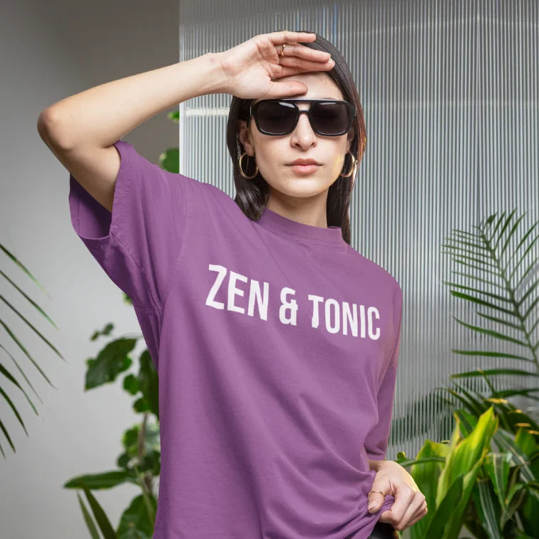 Short sleeved tee with a bold “Zen & Tonic” minimalist white lettering design — The Vault collection by Ramro Yoga Wear — Heather Radiant Orchid