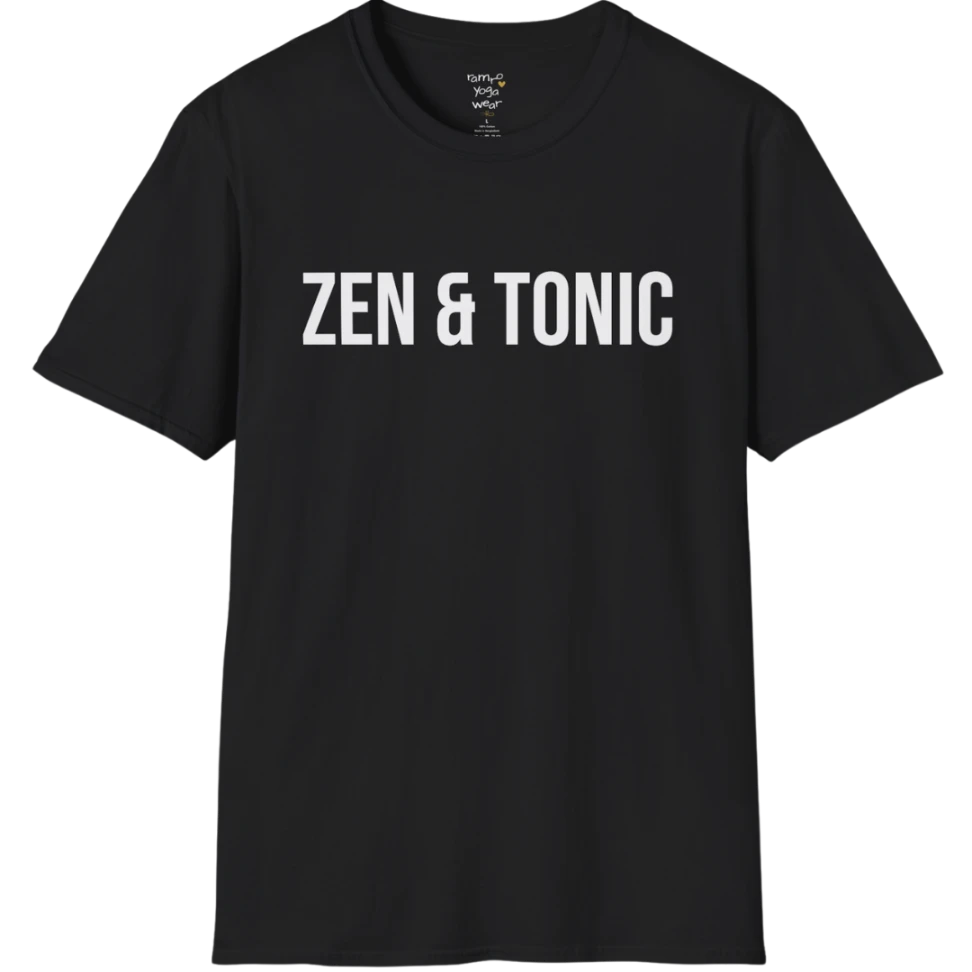Short sleeved tee with a bold “Zen & Tonic” minimalist white lettering design — The Vault collection by Ramro Yoga Wear — Black