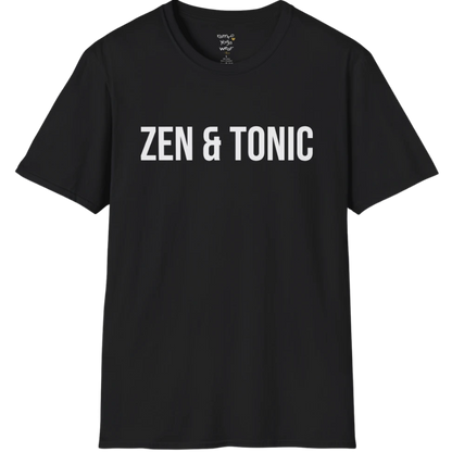 Short sleeved tee with a bold “Zen & Tonic” minimalist white lettering design — The Vault collection by Ramro Yoga Wear — Black