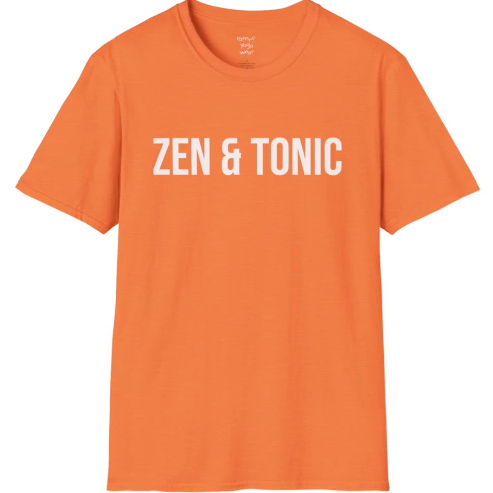 Short sleeved tee with a bold “Zen & Tonic” minimalist white lettering design — The Vault collection by Ramro Yoga Wear — Heather Orange