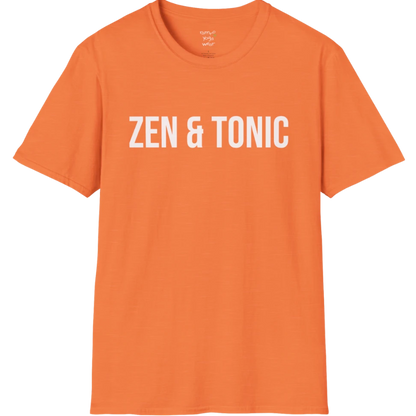 Short sleeved tee with a bold “Zen & Tonic” minimalist white lettering design — The Vault collection by Ramro Yoga Wear — Heather Orange