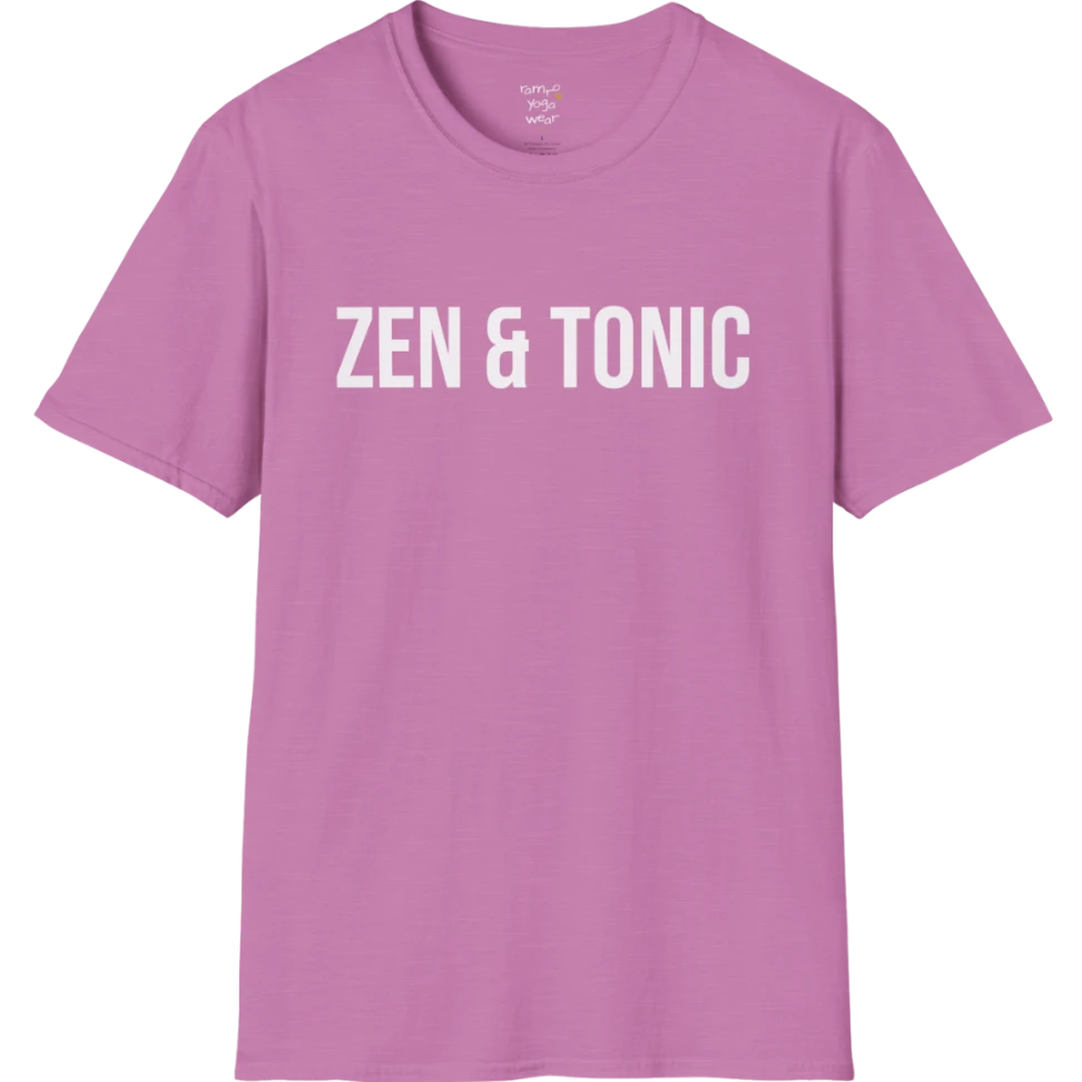 Short sleeved tee with a bold “Zen & Tonic” minimalist white lettering design — The Vault collection by Ramro Yoga Wear — Heather Radiant Orchid