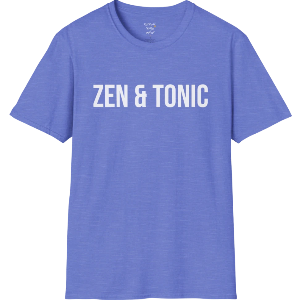 Short sleeved tee with a bold “Zen & Tonic” minimalist white lettering design — The Vault collection by Ramro Yoga Wear — Heather Royal