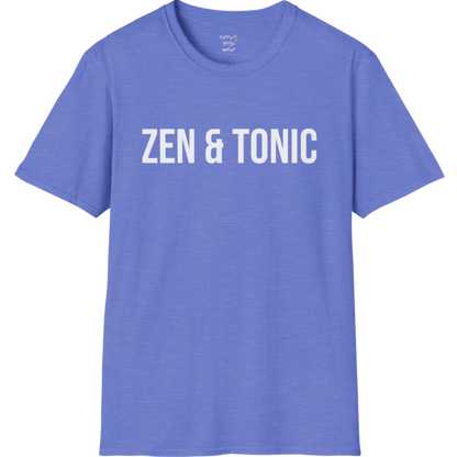 Short sleeved tee with a bold “Zen & Tonic” minimalist white lettering design — The Vault collection by Ramro Yoga Wear — Heather Royal