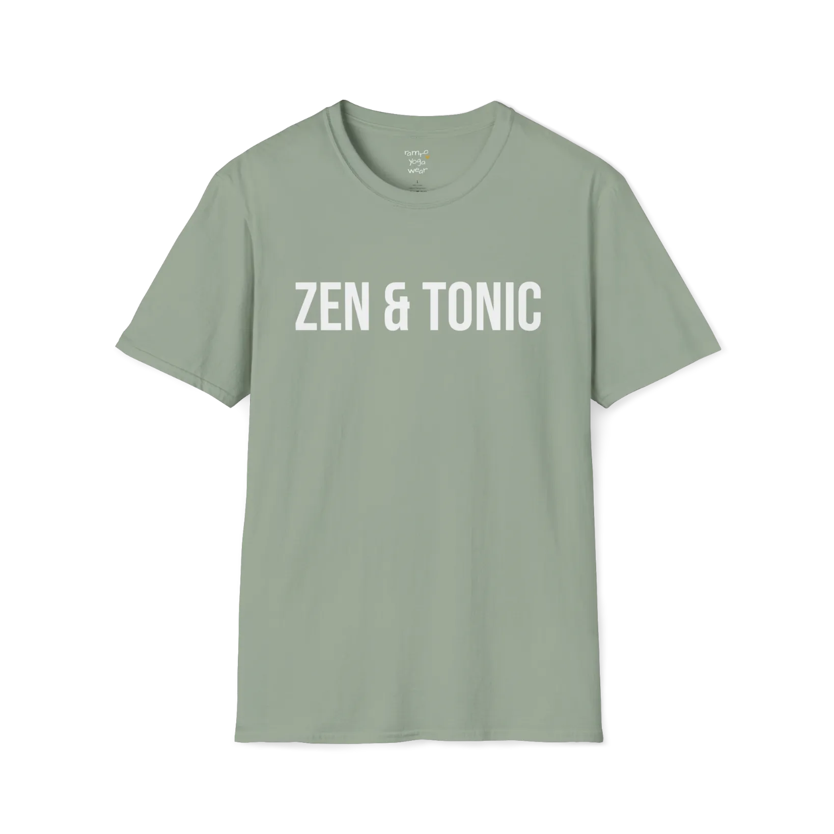 Bold “Zen & Tonic” minimalist white lettering design — The Vault collection by Ramro Yoga Wear — Sage