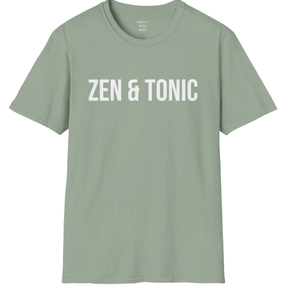 Short sleeved tee with a bold “Zen & Tonic” minimalist white lettering design — The Vault collection by Ramro Yoga Wear — Sage