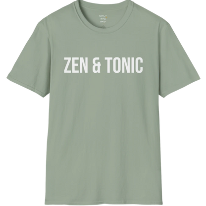 Short sleeved tee with a bold “Zen & Tonic” minimalist white lettering design — The Vault collection by Ramro Yoga Wear — Sage