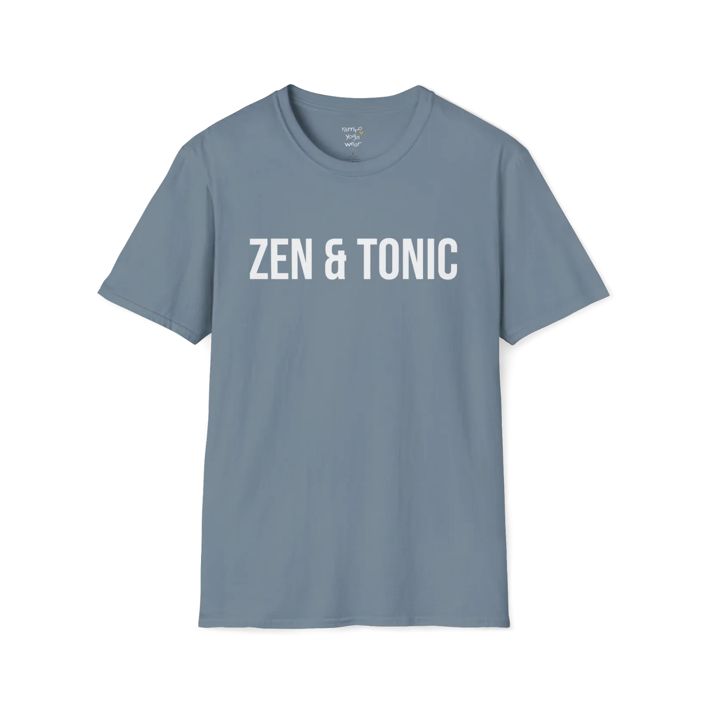 Bold “Zen & Tonic” minimalist white lettering design — The Vault collection by Ramro Yoga Wear — Stone Blue