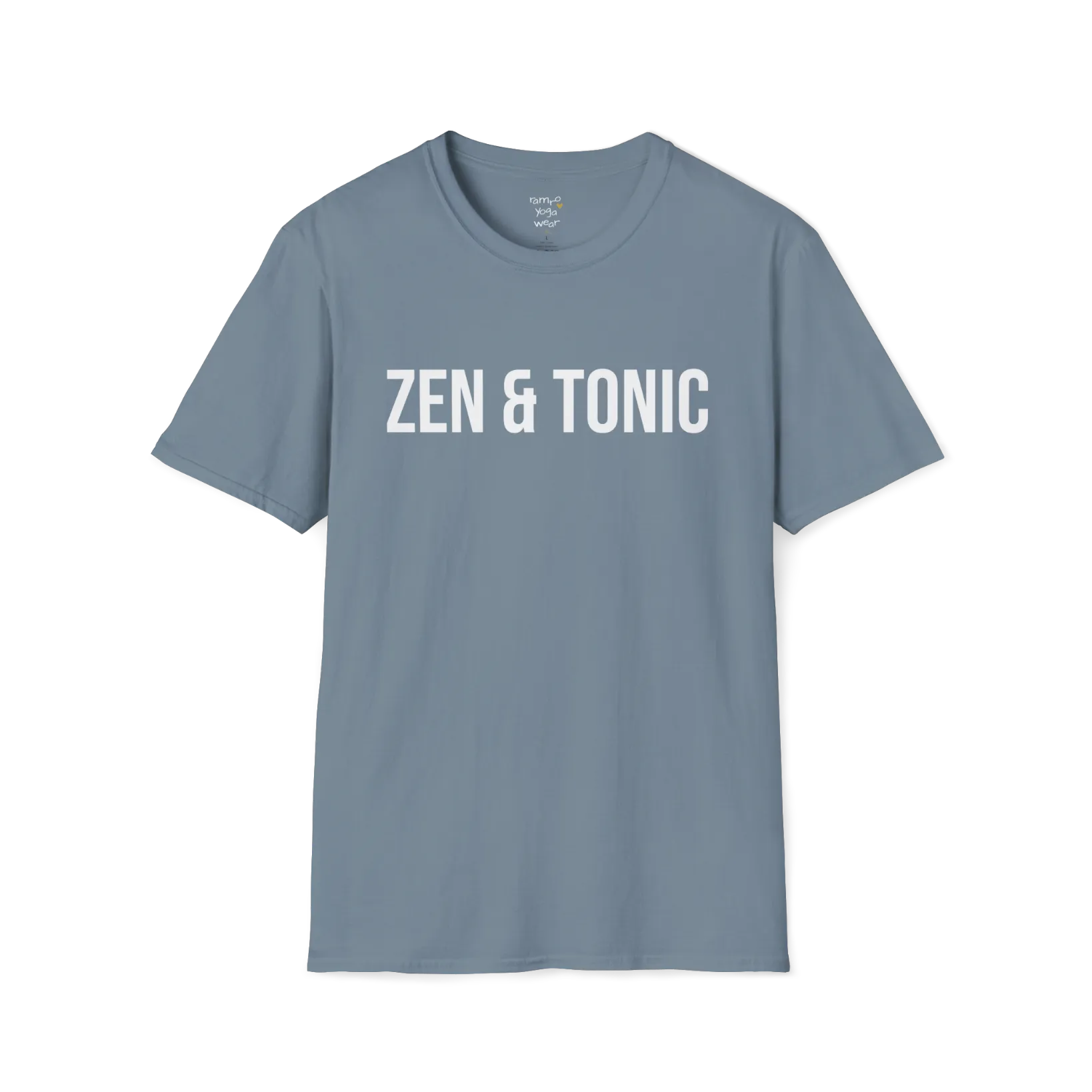 Bold “Zen & Tonic” minimalist white lettering design — The Vault collection by Ramro Yoga Wear — Stone Blue