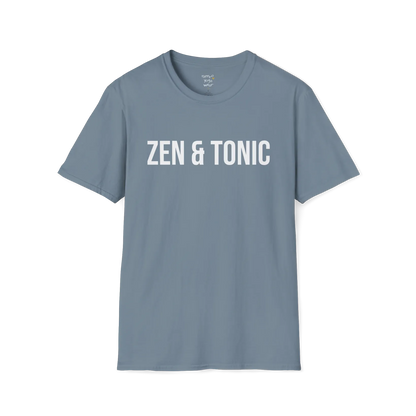Bold “Zen & Tonic” minimalist white lettering design — The Vault collection by Ramro Yoga Wear — Stone Blue
