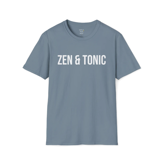 Bold “Zen & Tonic” minimalist white lettering design — The Vault collection by Ramro Yoga Wear — Stone Blue