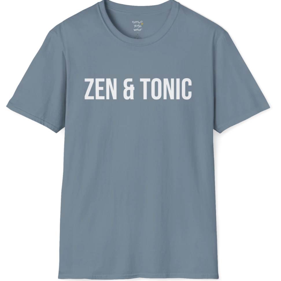 Short sleeved tee with a bold “Zen & Tonic” minimalist white lettering design — The Vault collection by Ramro Yoga Wear — Stone Blue