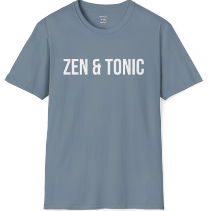 Short sleeved tee with a bold “Zen & Tonic” minimalist white lettering design — The Vault collection by Ramro Yoga Wear — Stone Blue