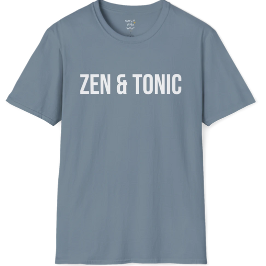 Short sleeved tee with a bold “Zen & Tonic” minimalist white lettering design — The Vault collection by Ramro Yoga Wear — Stone Blue