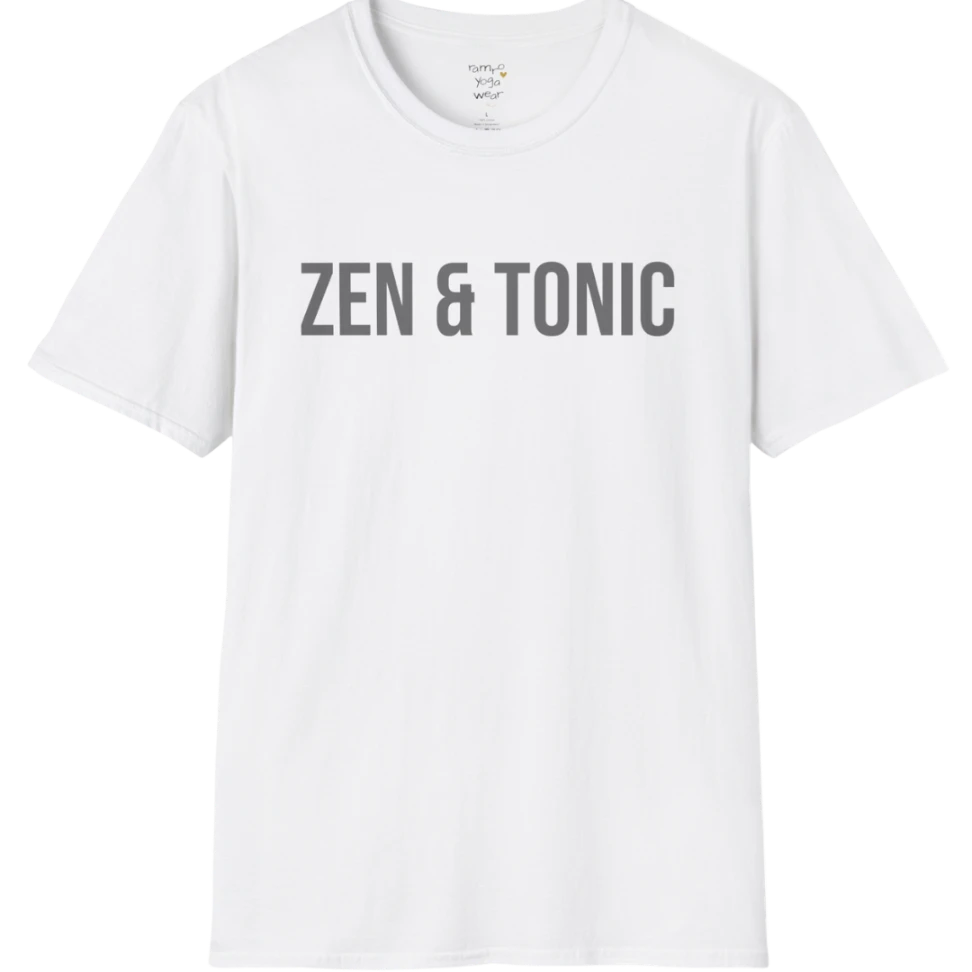 Short sleeved tee with a bold “Zen & Tonic” minimalist white lettering design — The Vault collection by Ramro Yoga Wear — White