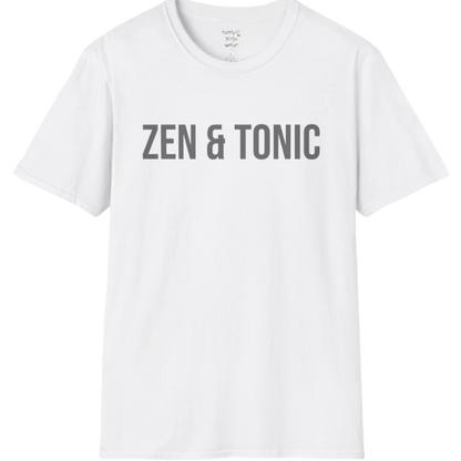 Short sleeved tee with a bold “Zen & Tonic” minimalist white lettering design — The Vault collection by Ramro Yoga Wear — White
